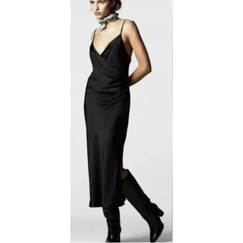 Zara Side Ruched Midi Slip Dress Satin Effect Black Straps Sleek Party Small - Picture 3 of 16